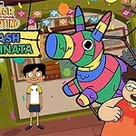 Kolme piirrettyä hahmoa seisoo värikkäässä tilassa, jossa on sateenkaaren värinen piñata ja juhlavat koristelut