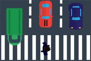 Zebra crossing with a cartoon character trying to cross while cars and a truck approach in different lanes