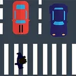 Zebra crossing with a cartoon character trying to cross while cars and a truck approach in different lanes