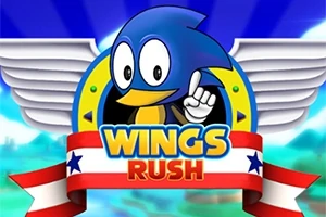 Sininen piirroshahmo, jolla on siivet, seisoo Wings Rush -tekstin yläpuolella sinivalkoisella raidallisella taustalla