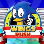 Sininen piirroshahmo, jolla on siivet, seisoo Wings Rush -tekstin yläpuolella sinivalkoisella raidallisella taustalla