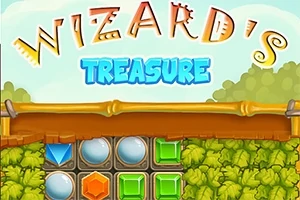 Kirjaimista muodostuva otsikko Wizards Treasure värikkäänä taustan päällä, alapuolella palapelimaisia jalokiviä ja puita