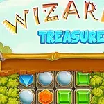 Kirjaimista muodostuva otsikko Wizards Treasure värikkäänä taustan päällä, alapuolella palapelimaisia jalokiviä ja puita