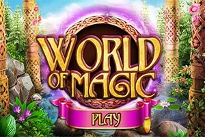 Fantasiateemainen tausta, jossa suuret kultaiset kirjaimet World of Magic ja värikäs lippu tekstillä Play