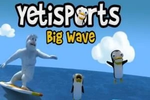 Lumimies surffaa vedessä kahden hyppäävän pingviinin kanssa pilvien alla