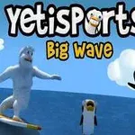Lumimies surffaa vedessä kahden hyppäävän pingviinin kanssa pilvien alla