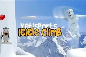 Pingviini ja lumimies lumisessa vuoristossa, teksti Icicle Climb keskellä