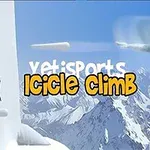Pingviini ja lumimies lumisessa vuoristossa, teksti Icicle Climb keskellä