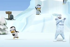 Pingviinit ja lumimies leikkivät lumisessa maisemassa