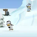 Pingviinit ja lumimies leikkivät lumisessa maisemassa