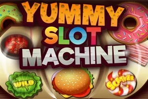 Värikäs kuva, jossa teksti Yummy Slot Machine ja erilaisia ruokateemaisia kuvia, kuten hampurilainen, munkki ja karkkia