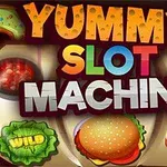 Värikäs kuva, jossa teksti Yummy Slot Machine ja erilaisia ruokateemaisia kuvia, kuten hampurilainen, munkki ja karkkia