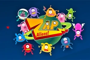 Erivärisiä avaruusolentoja piirroshahmoina vihreän planeetan ympärillä tummansinisellä taustalla, keskellä keltainen ja punainen logo sanoilla Zap Aliens!