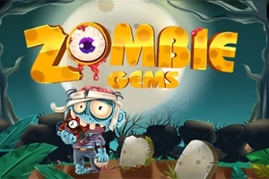 Zombi seisoo hautausmaalla täysikuun alla pitäen punaista kiveä, taustalla värikäs Zombie Gems -teksti