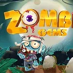 Zombi seisoo hautausmaalla täysikuun alla pitäen punaista kiveä, taustalla värikäs Zombie Gems -teksti