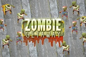 Kuvassa on joukko piirrettyjä zombeja harmaalla taustalla ja keskellä teksti Zombie Getaway, jossa on verenpunainen roiske alareunassa