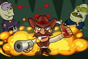 Mies cowboy-hatussa ja viiksissä ampuu haulikkoa ja pitelee pulloa, taustalla kaksi vihreää hahmoa ja räjähdys