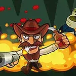 Mies cowboy-hatussa ja viiksissä ampuu haulikkoa ja pitelee pulloa, taustalla kaksi vihreää hahmoa ja räjähdys