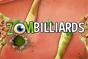 Zombi-aiheinen grafiikka, jossa keskellä teksti Zombilliards ja vihertäviä olentoja vaaleanpunaisella taustalla