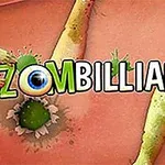 Zombi-aiheinen grafiikka, jossa keskellä teksti Zombilliards ja vihertäviä olentoja vaaleanpunaisella taustalla